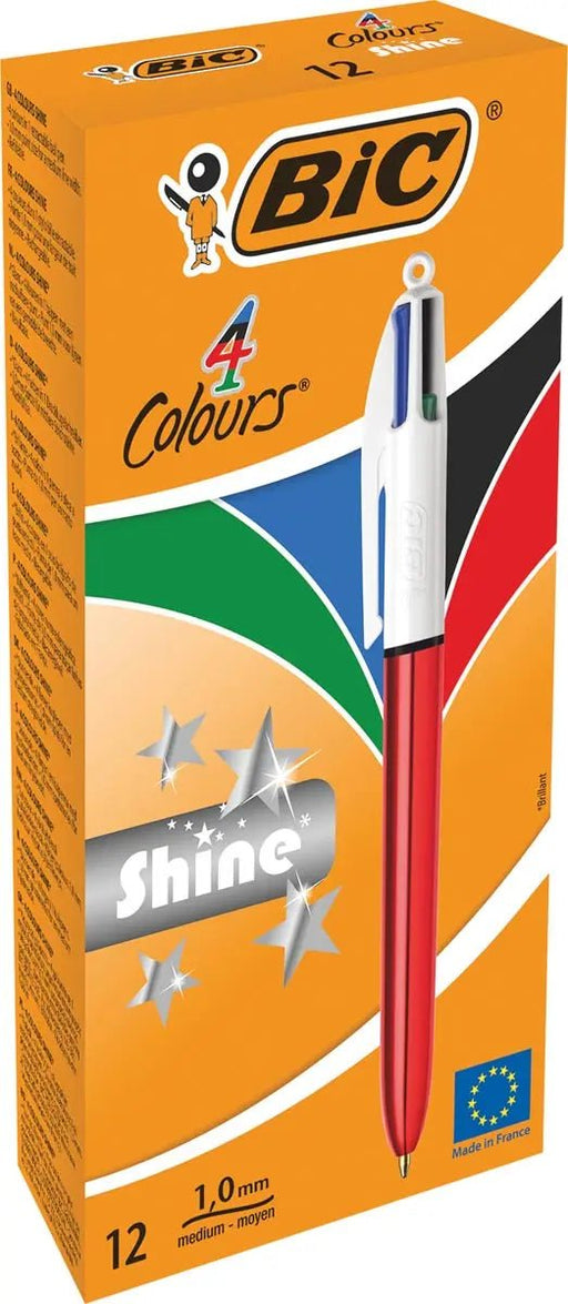 Bic 4 Kleuren Shine, balpen, 0,32mm, 4 klassieke inktkleuren, metallic rood lichaam 12 stuks - OfficeTown