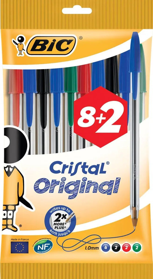 Bic balpen Cristal Medium, geassorteerde kleuren, blister 8 + 2 GRATIS - OfficeTown