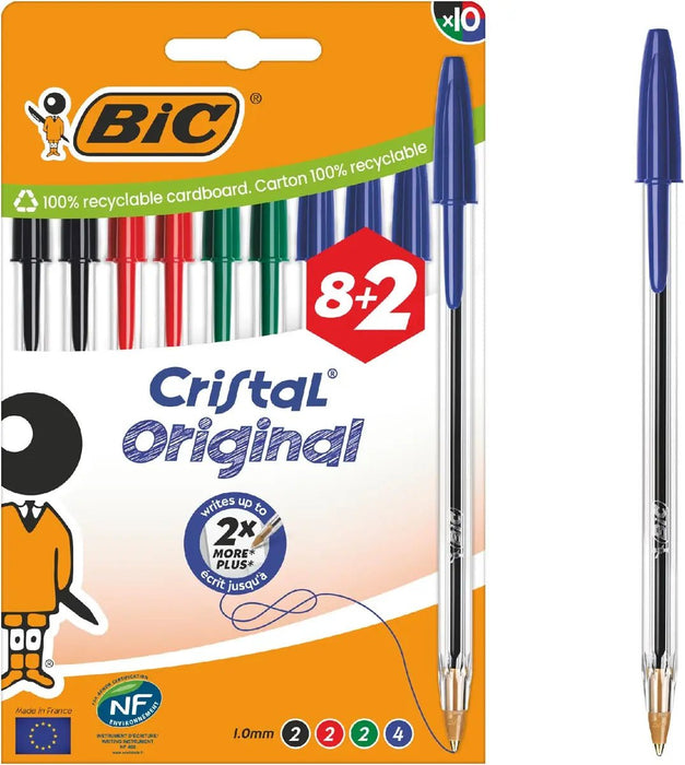 Bic Cristal balpen, medium, assorti, blister van 8 + 2 GRATIS - OfficeTown