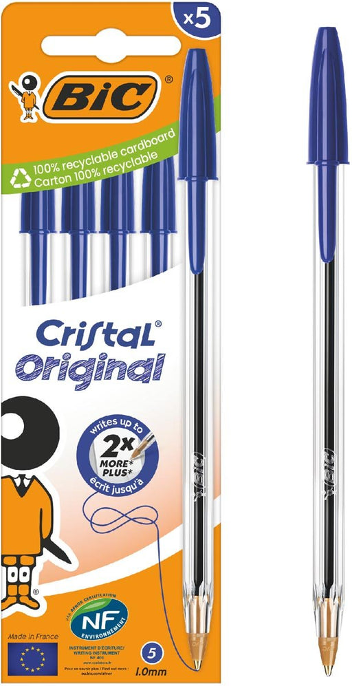 Bic Cristal balpen medium, blauw, blister van 5 stuks - OfficeTown