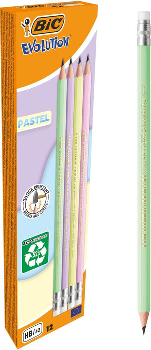 Bic grafietpotlood Evolution Pastel HB met gom, doos van 12 stuks, assorti - OfficeTown
