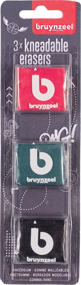 Bruynzeel kneedgum, blister met 3 stuks in trendy kleuren - OfficeTown
