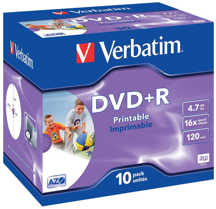 Verbatim DVD+R, printbare recordable DVD, 10 stuks in een doos met individuele verpakking (Jewel Case)