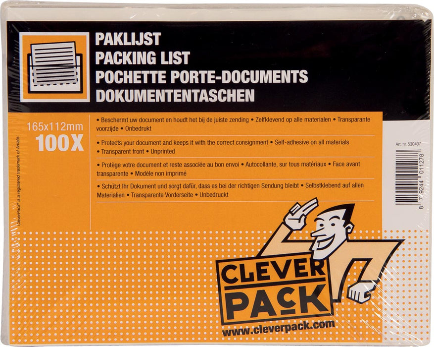 Cleverpack documenthouder, zelfklevend, ft 165 x 112 mm, pak van 100 stuks