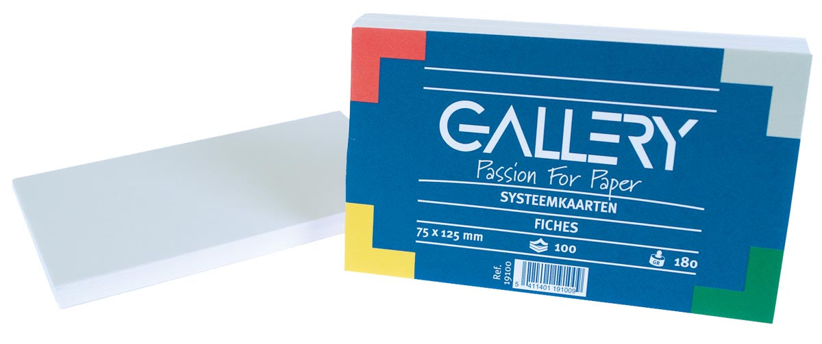 Witte systeemkaarten voor de galerij, afmetingen 7,5 x 12,5 cm, effen, verpakking van 100 stuks