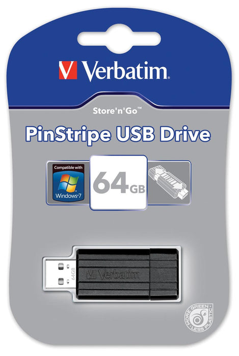 Verbatim PinStripe USB 2.0-stick, 64 GB, zwart met schuiffunctie