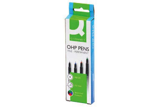 Q-CONNECT OHP-marker, permanent, fijne punt, 4 stuks in verschillende kleuren met schrijfbreedte 0,7 mm