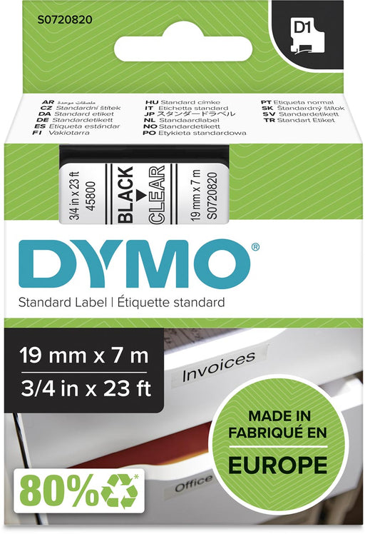 Dymo D1 tape 19 mm, zwart op transparant 5 stuks, OfficeTown