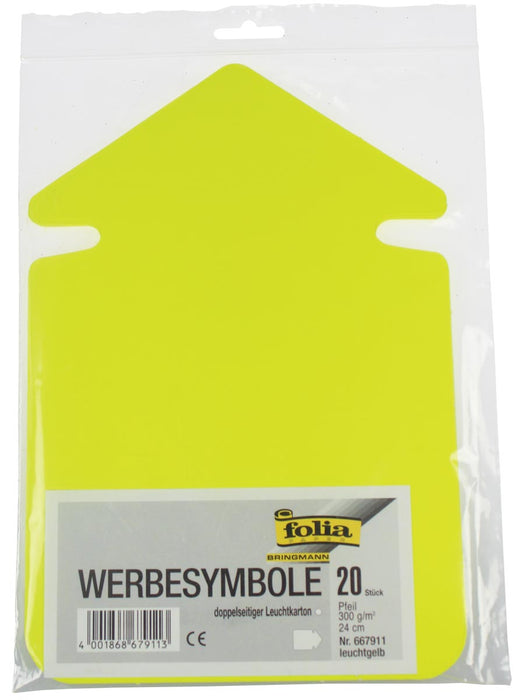 Fluokarton etiketten, 24 cm, fluo geel (pijlen)