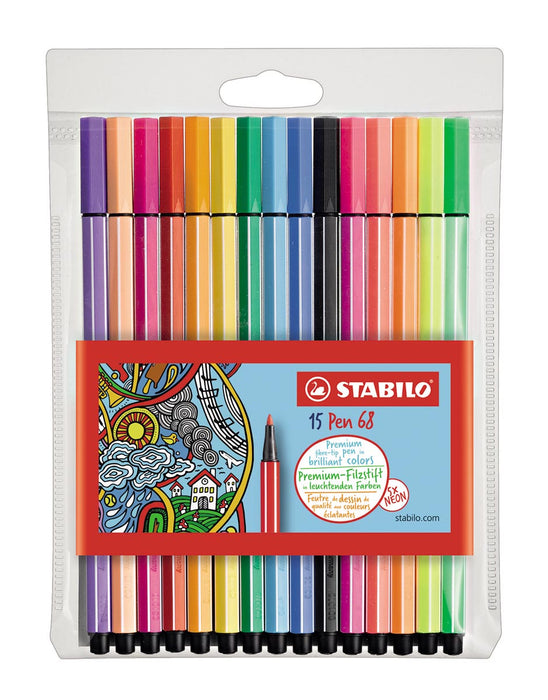 STABILO Pen 68 viltstift, set van 15 stuks in diverse kleuren met 5 fluokleuren