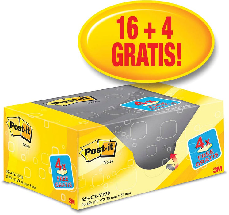 Post-it Notities, 38 x 51 mm, Geel, Blok van 100 vellen, Verpakking van 16 + 4 gratis