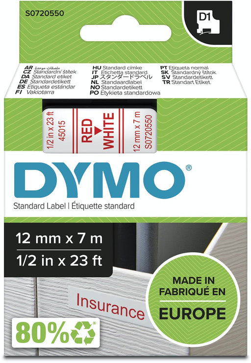Dymo D1 tape 12 mm, rood op wit 5 stuks, OfficeTown