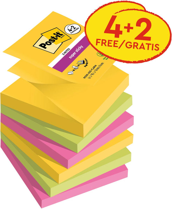 Post-it Super Sticky Z-notes Carnival, 90 vel, ft 76 x 76 mm, 4 + 2 GRATIS 12 stuks, OfficeTown