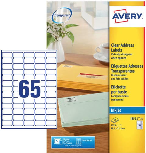 Avery J8551-25 mini etiketten ft 38,1 x 21,2 mm (b x h), 1.625 etiketten, transparant 5 stuks, OfficeTown