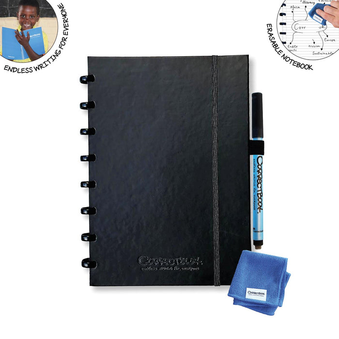 Correctbook A5 Premium Hardcover: herbruikbaar notitieboek, gelijnd, Ink Black (zwart) met marker en microvezeldoek