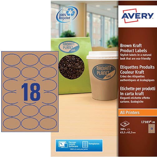 Avery L7103-20 productetiketten ft 63,5 x 42,3 mm (b x h), 360 etiketten, kraft, ovaal 5 stuks, OfficeTown