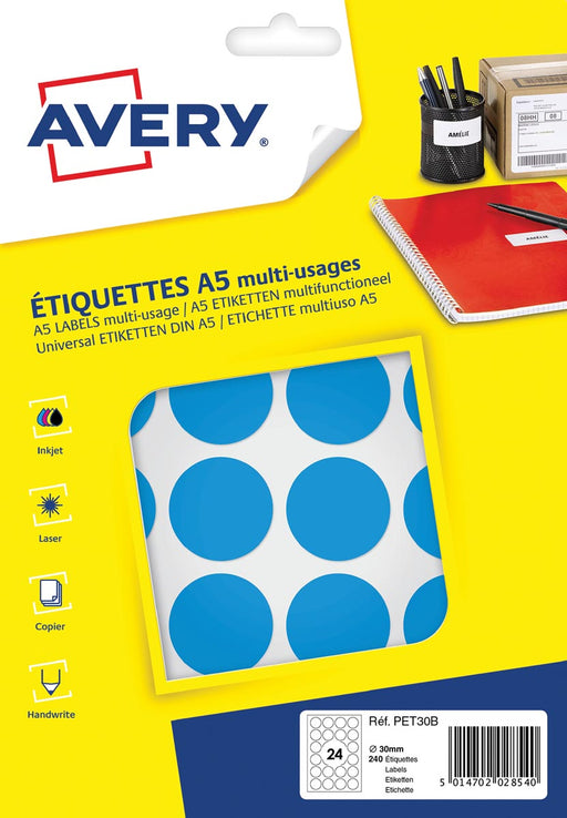 Avery PET30B ronde markeringsetiketten, diameter 30 mm, blister van 240 stuks, lichtblauw 5 stuks, OfficeTown
