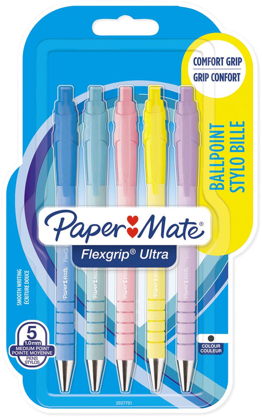 Paper Mate balpen Flexgrip Pastel RT, medium, blauwe inkt, blister van 5 stuks, assorti 12 stuks, OfficeTown