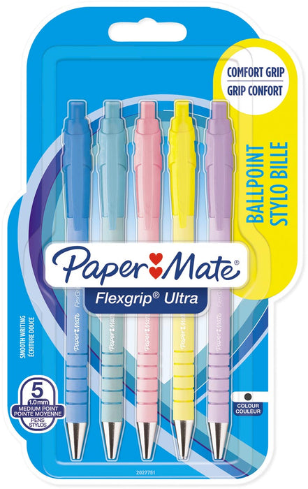 Paper Mate balpen Flexgrip Pastel RT, medium, blauwe inkt, blister van 5 stuks, assorti