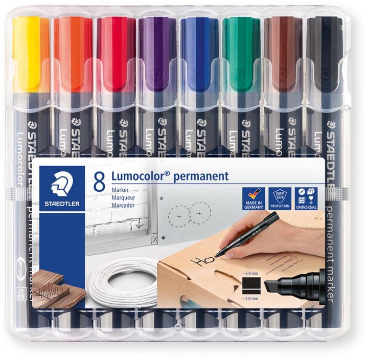 Staedtler Lumocolor 350, permanente marker, schuine punt, 2 - 5 mm, etui van 8 stuks in verschillende kleuren