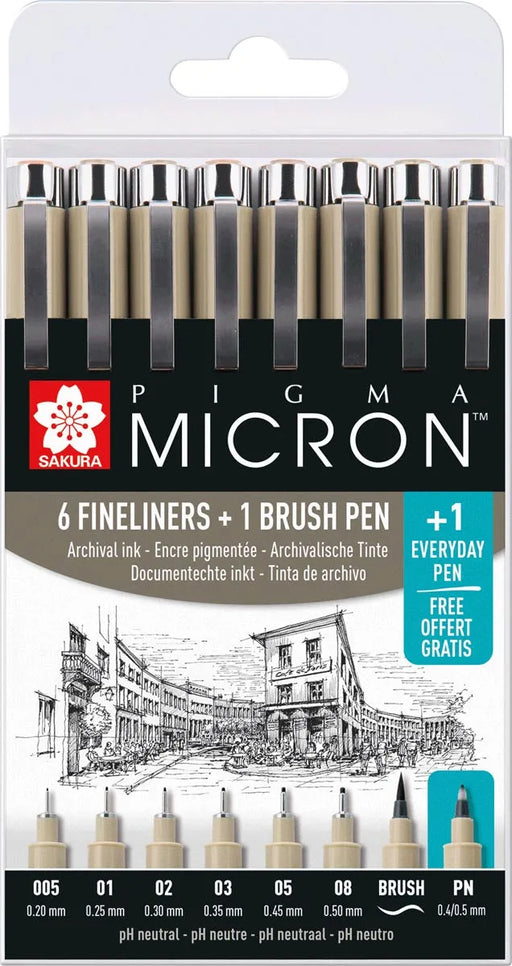 Sakura tekenstift Pigma Micron set van 7+1, zwart, OfficeTown