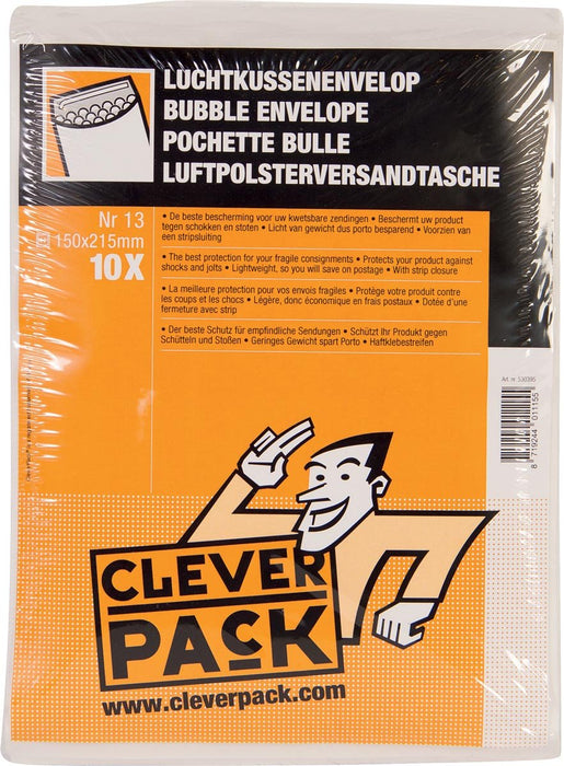 Cleverpack luchtkussenenveloppen, ft 150 x 215 mm, met stripsluiting, wit, pak van 10 stuks - OfficeTown