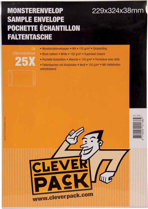Cleverpack monsterenveloppen met stripsluiting, ft 229 x 324 x 38 mm, wit, verpakking van 25 stuks - OfficeTown