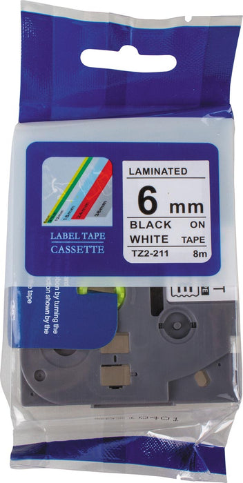 Compatibele tape voor Brother P-touch, 6 mm, zwart op wit met gelamineerde labeltape