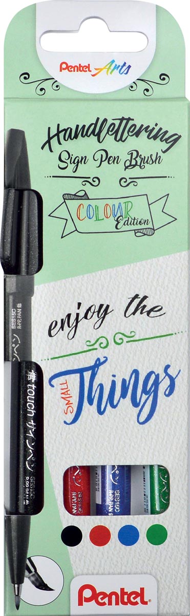 Pentel brushpen Sign Pen Brush Touch, kartonnen etui met 4 stuks: zwart, blauw, rood en groen 12 stuks, OfficeTown