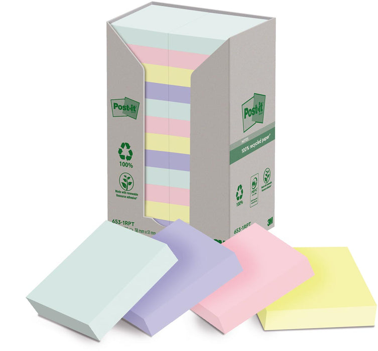 Post-it recycled notes Nature, 100 vel, ft 38 x 51 mm, pak van 24 blokken, geassorteerde kleuren 12 stuks, OfficeTown