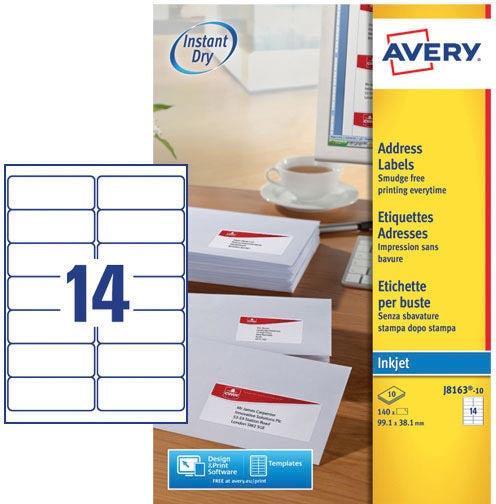 Avery J8163-10 adresetiketten ft 99,1 x 38,1 mm (b x h), 140 etiketten wit 10 stuks, OfficeTown