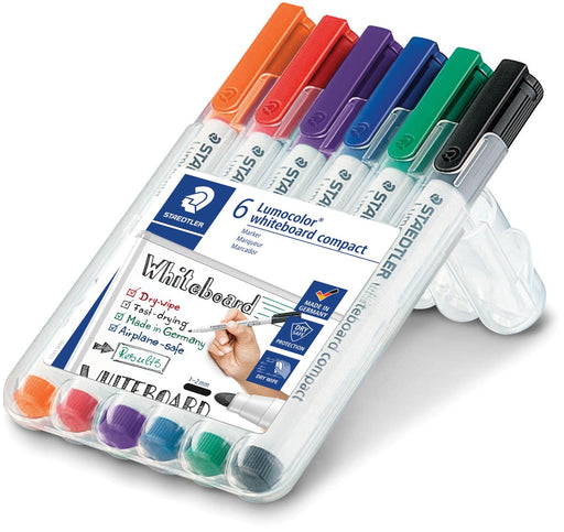 Staedtler whiteboardmarker Lumocolor Compact, opstelbare box met 6 stuks in geassorteerde kleuren 10 stuks, OfficeTown