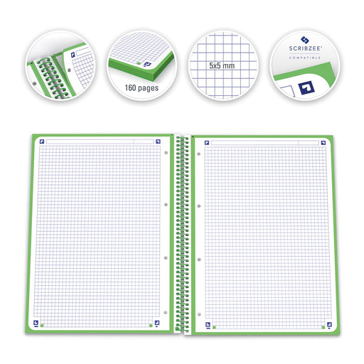 Oxford School Classic Europeanbook spiraalblok, ft A4+, 160 bladzijden, geruit 5 mm, groen 5 stuks, OfficeTown