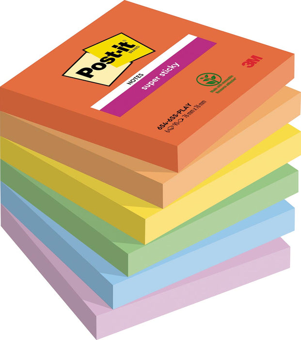 Post-it Super Sticky Notes Speels, 90 vellen, afm. 76 x 76 mm, diverse kleuren, pak van 6 blokken