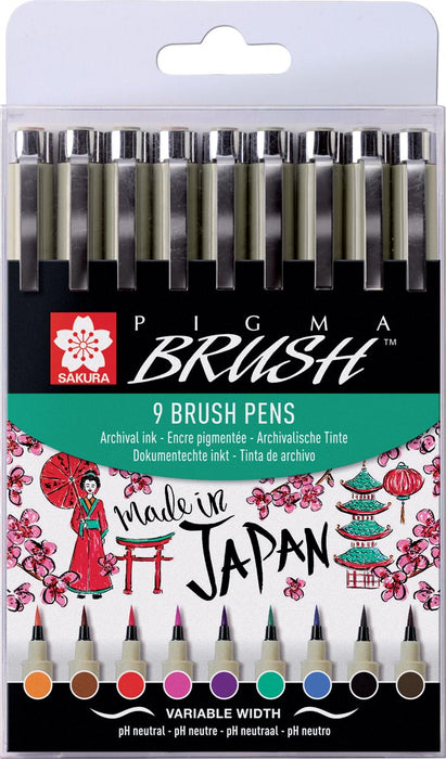 Sakura penseelpen Pigma Brush, set van 9 stuks, in diverse kleuren