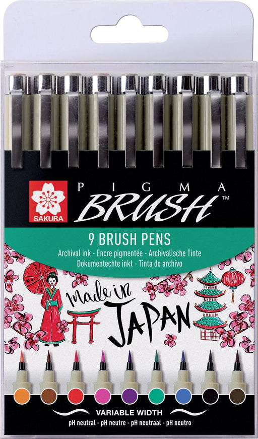 Sakura brushpen Pigma Brush, etui van 9 stuks, in geassorteerde kleuren 6 stuks, OfficeTown