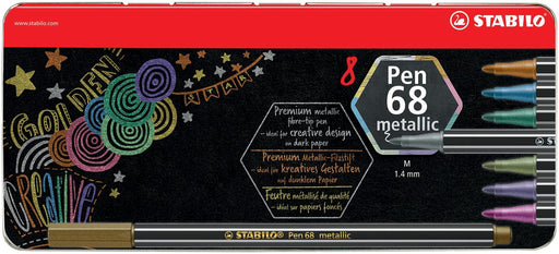 STABILO Pen 68 metallic viltstift, 8 kleuren, metalen doos van 8 stuks 10 stuks, OfficeTown