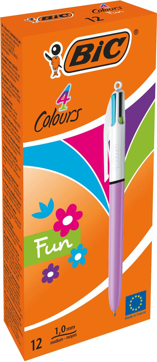 Bic 4 Colours Fun, balpen, 0,32 mm, 4 pastel inktkleuren, lichaam pastelroze 12 stuks, OfficeTown