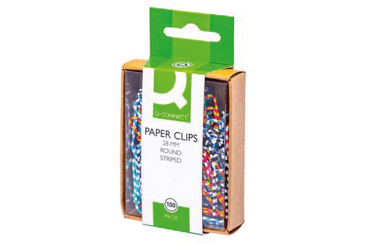 Q-CONNECT paperclips, 28 mm, doos van 100 stuks, gestreept in wit en verschillende kleuren