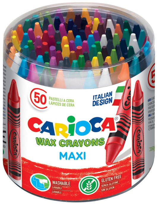Carioca waskrijt Wax Maxi, plastic pot met 50 stiften in verschillende kleuren