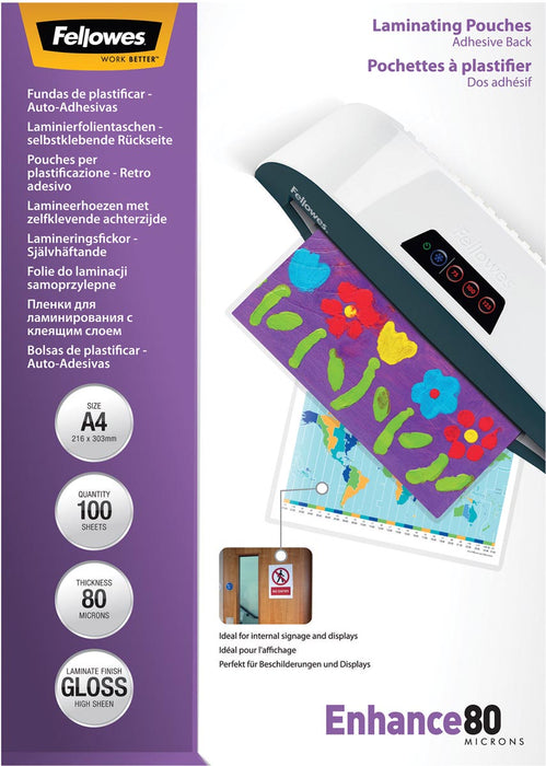 Fellowes zelfklevende lamineerhoezen Enhance80 A4, 160 micron (2 x 80 micron), 100 stuks