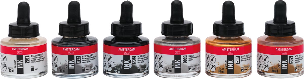 Amsterdam acrylinkt Lettering, set van 6 flacons van 30 ml, gevarieerd assortiment