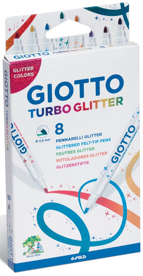 Giotto Turbo Glitter viltstiften, kartonnen etui met 8 stuks in geassorteerde kleuren 20 stuks, OfficeTown