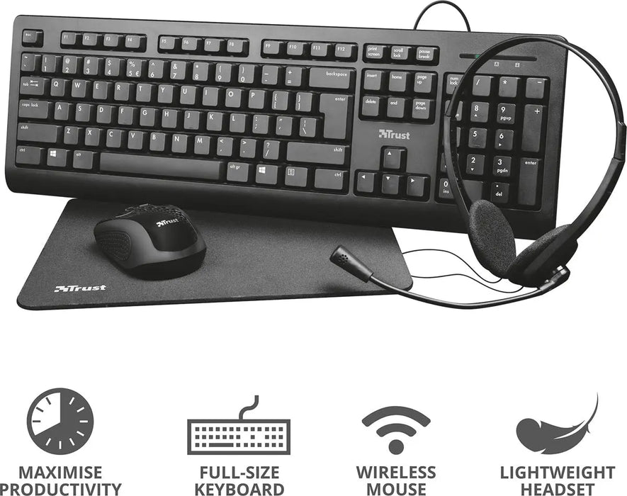 Trust Primo 4-in-1 Thuis Kantoor Set met hoofdtelefoon, toetsenbord (qwerty), muis en muismat