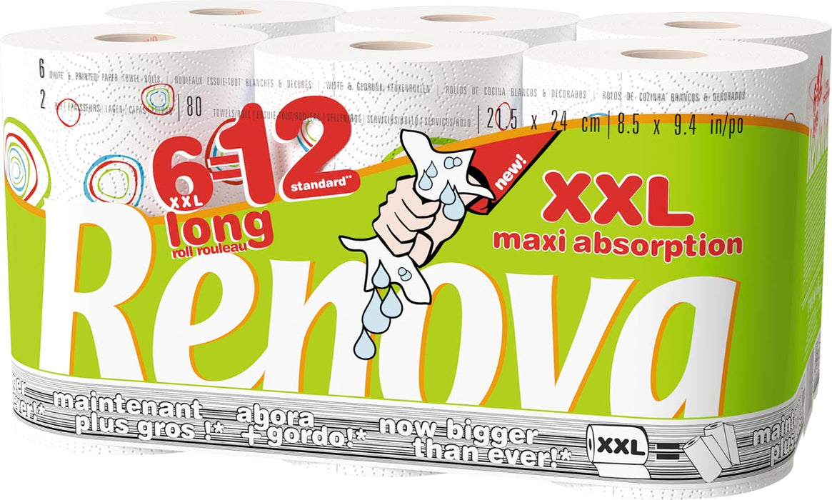 Renova Maxi Absorptie Keukenpapier XXL, 2-laags, 80 vellen per rol, pak van 6 rollen