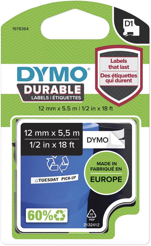Dymo duurzame D1 tape 12 mm x 5 m, zwart op wit - OfficeTown