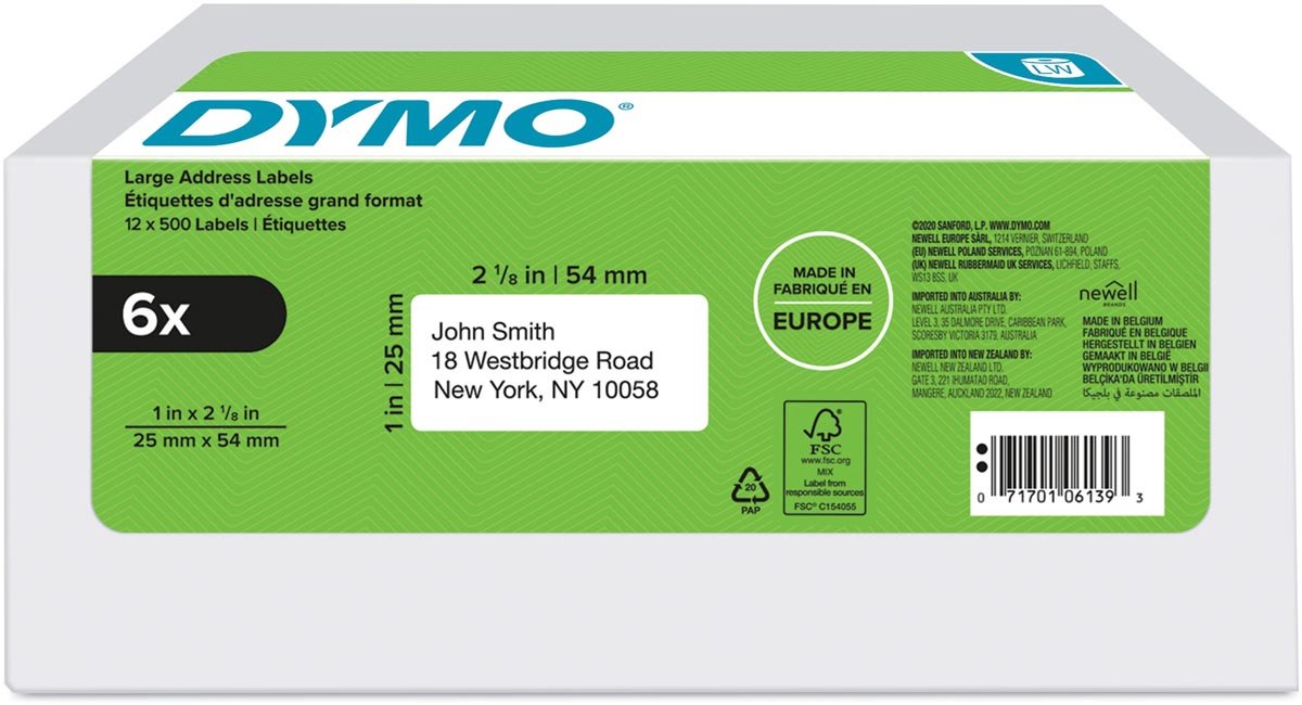 Dymo etiketten LabelWriter ft 25 x 54 mm, wit, doos van 6 x 500 etiketten - OfficeTown