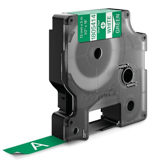 Dymo RHINO vinyltape 12 mm, wit op groen - OfficeTown