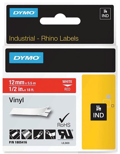 Dymo RHINO vinyltape 12 mm, wit op rood - OfficeTown