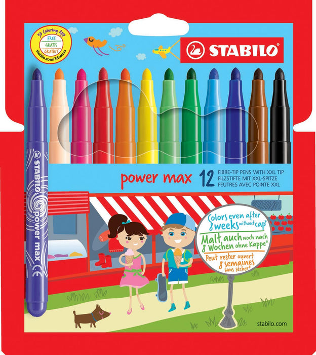 STABILO power max viltstift, 12 stuks in geassorteerde kleuren